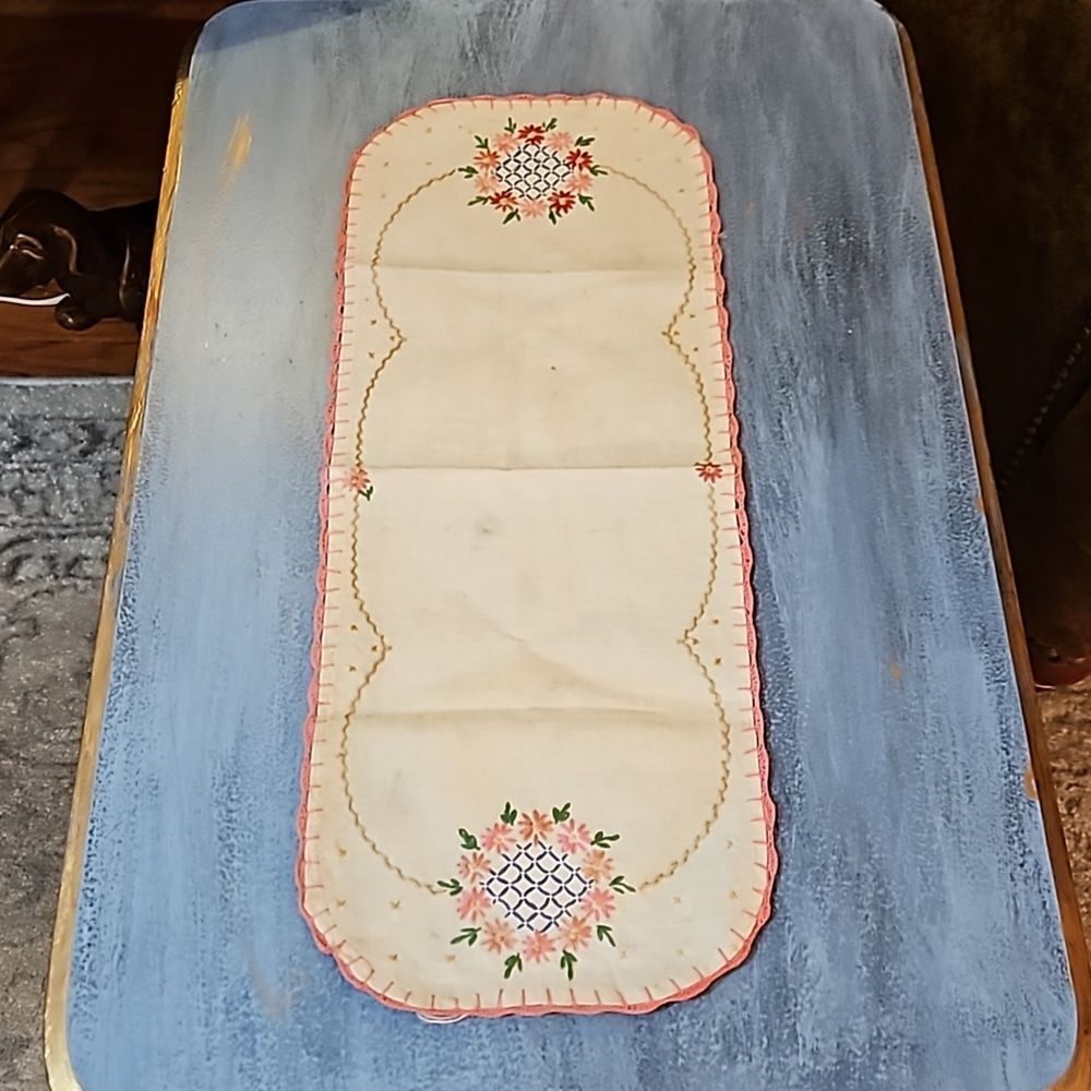 Vintage Hand Crafted Pink Floral Embroidered Table Runner Boho Cottagecore